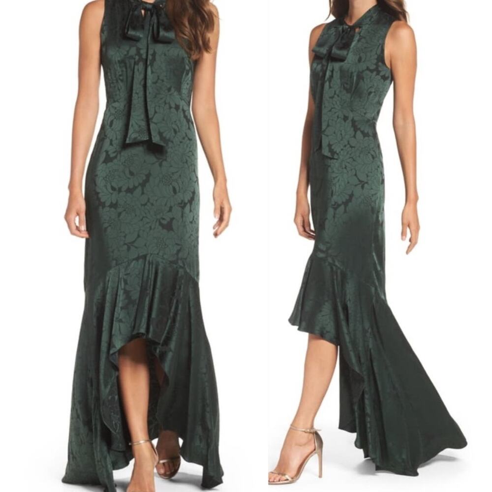 Shoshanna Mayburn Tie Neck Floral Satin Green Jacquard High Low Gown Dress 0 XS